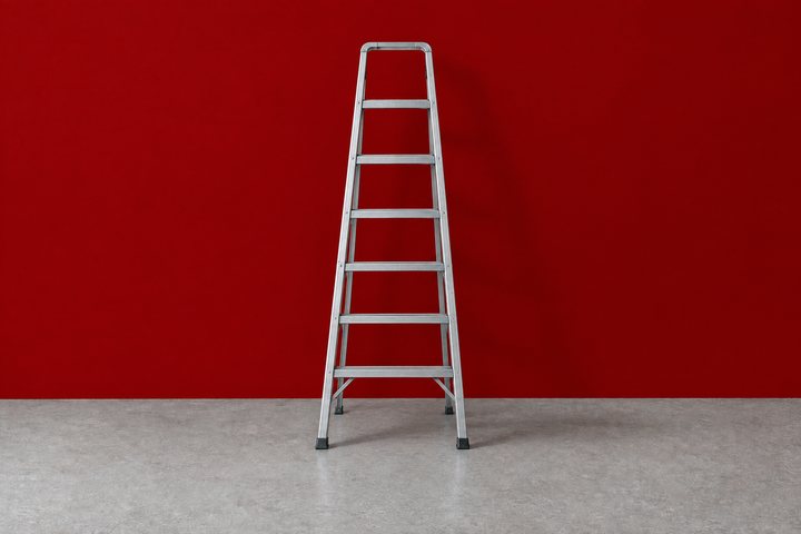 Eine Aluminium-Stehleiter vor einer roten Wand.
