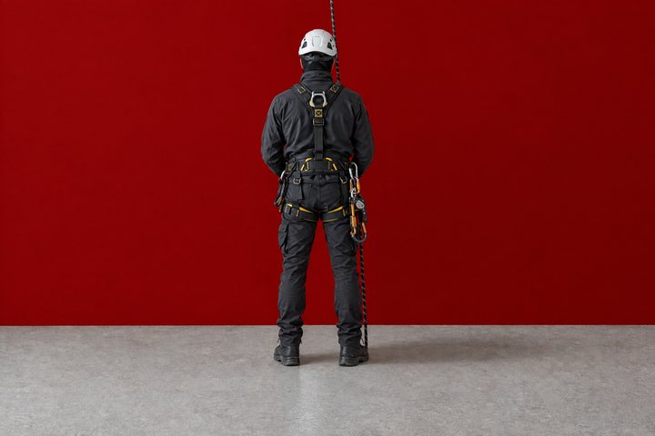 Ein Industriekletterer in dunkler Arbeitskleidung mit Helm, Gurt und Seil, von hinten gesehen, vor einer roten Wand.
